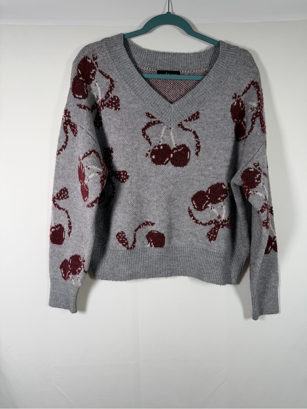 Gray V-Neck All Over Cherry Print Sweater Cottagecore, Cozy